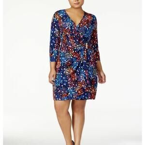 Calvin Klein Faux Wrap Dress Plus Size 18W Blue Colorful Dot Print Ruched Jersey